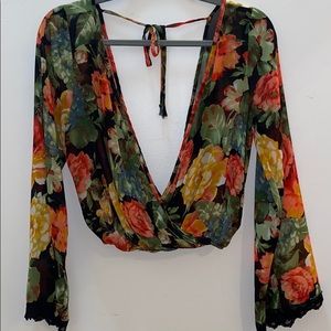 Forever 21 Deep V Tie Back Floral Blouse